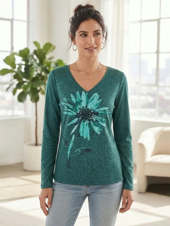 Tops - Teal Sunflower Print Long Sleeve Top Size M